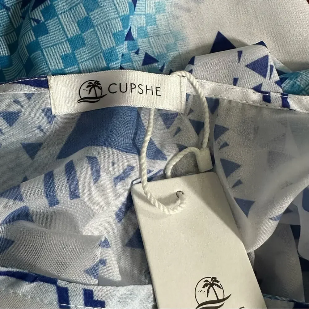 Cupshe NEW Blue White Geometric Print Boho Trim Swimsuit Bathing Suit Cover Up